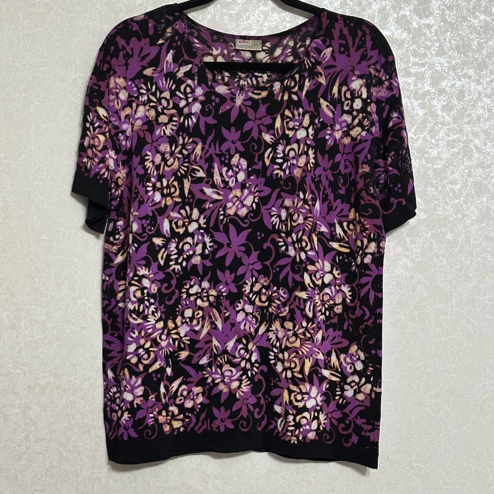 Shanghai Knitting Floral Print Short Sleeve Top 100% Rayon Vintage Purple L‎